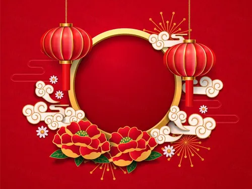 城门庙门院a灯笼牡丹雏菊花云彩东方中国日式传统经典新年节日装饰元素矢量素材落大...