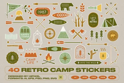 复古森林河流野外户外活动主题贴纸素材合辑 40 Retro