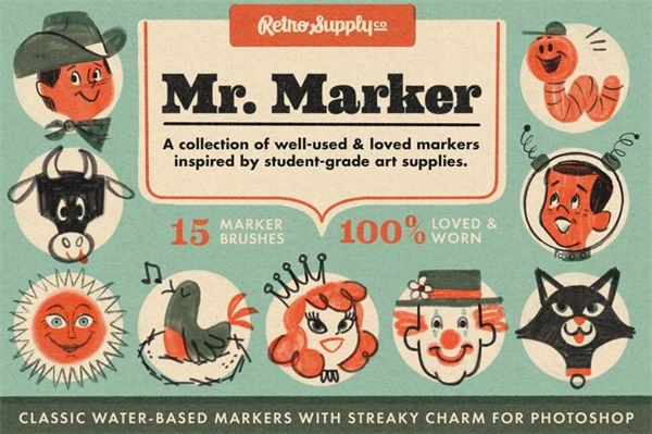 老派做旧艺术高度模仿复古马克笔绘画PS笔刷 MR. MARKER FO