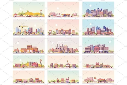 矢量低聚楼房建筑图标Vector low poly landscapes set