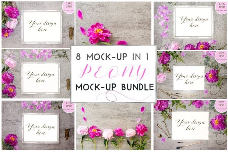水彩花卉装饰画框绘画样机模板 Peony mock up BUNDLE