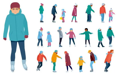 冬日享受家庭乐趣的滑冰骑行生活男女扁平卡通插图人物素材 Vector