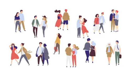 牵手拥抱的幸福浪漫的约会情侣男女扁平卡通插图人物素材 Vector i