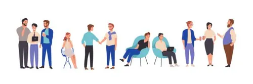 穿着时尚的正在参加商务会议讨论会男女扁平卡通插图人物素材 Vector