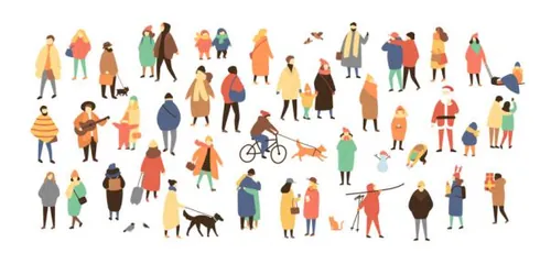 冬日圣诞新年街头户外活动散步表演的男女卡通插画人物素材 Vector