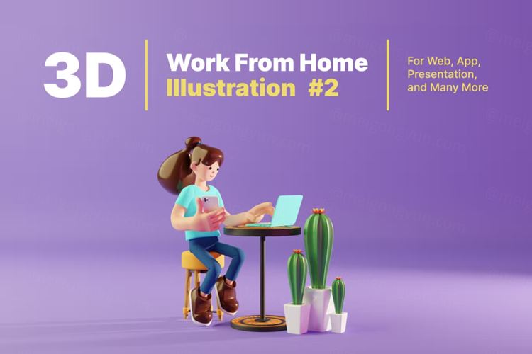 三维渲染卡通居家办公女士3D人物插画素材 3D Work F