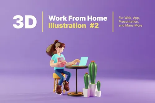 三维渲染卡通居家办公女士3D人物插画素材 3D Work F