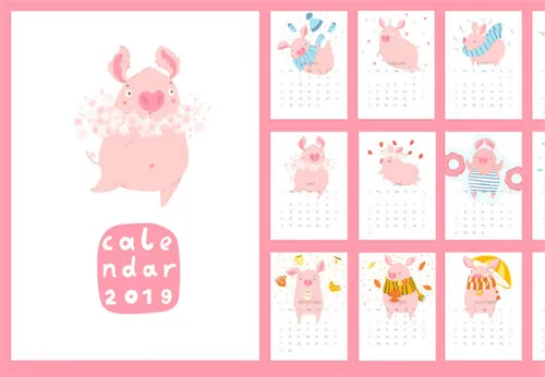 年可爱的卡通猪创意日历矢量模版