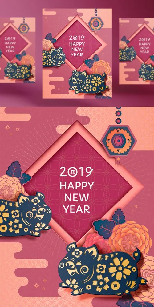 2019年纸艺术风格的中国传统彩绘牡丹图案的新年快乐年画矢量海报素材