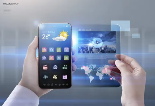 未来智能手机设备显示高科技概念宣传海报PSD模板素材 Rollable Display