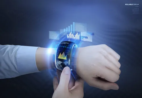 未来智能手表可穿戴设备高科技概念宣传海报PSD模板素材 Rollable Display