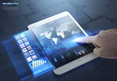 未来智能平板设备显示屏高科技概念宣传海报PSD模板素材 Rollable Display