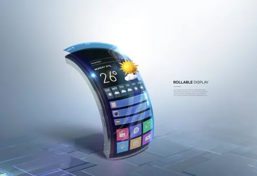 未来智能手机设备曲面屏显示屏高科技概念宣传海报PSD模板素材 Rollable Display