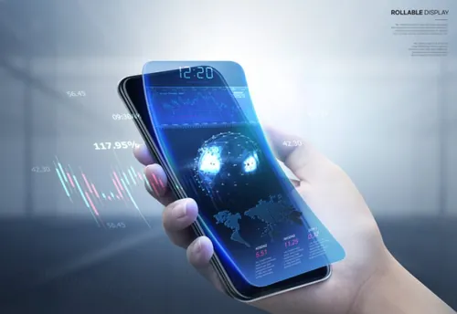 未来智能手机设备曲面屏显示屏高科技概念宣传海报PSD模板素材 Rollable Display