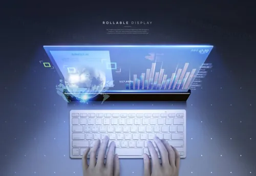 未来智能设备AR虚拟显示屏高科技概念宣传海报PSD模板素材 Rollable Display