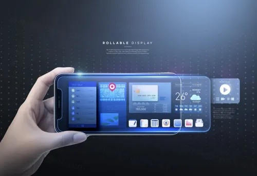 未来智能手机设备AR虚拟显示屏高科技概念宣传海报PSD模板素材 Rollable Display