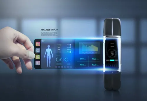 未来智能手机设备AR虚拟显示屏高科技概念宣传海报PSD模板素材 Rollable Display