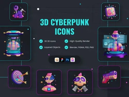 高质量赛博朋克反乌托邦科幻主题3D插画图标合辑 Illust