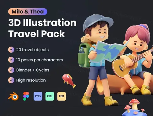 户外徒步旅行露营烧烤探索卡通人物3D插画素材 Milo Th