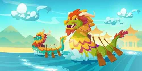 中国端午节划龙舟吃粽子传统活动宣传EPS矢量插画素材