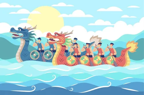 中国端午节划龙舟吃粽子传统活动宣传EPS矢量插画素材