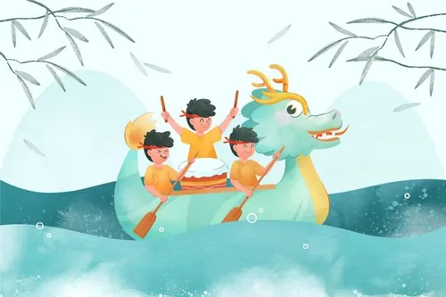 中国端午节划龙舟吃粽子传统活动宣传EPS矢量插画素材