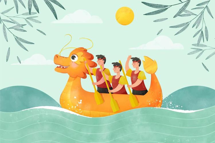 中国端午节划龙舟吃粽子传统活动宣传EPS矢量插画素材