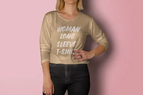 女士圆领长袖T恤样机 Psd Woman Long Sleeve T-Shirt Mockup