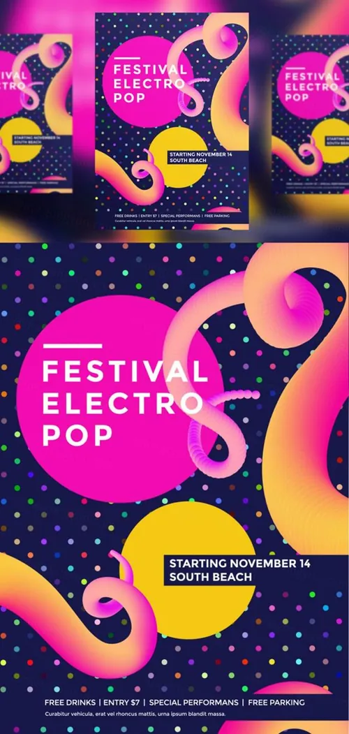 电子音乐节乐部聚会抽象多彩形状传单矢量图模板