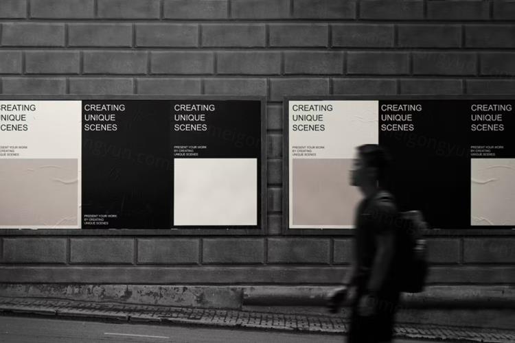 户外街头广告牌宣传海报广告设计贴图展示样机模板 Wall P