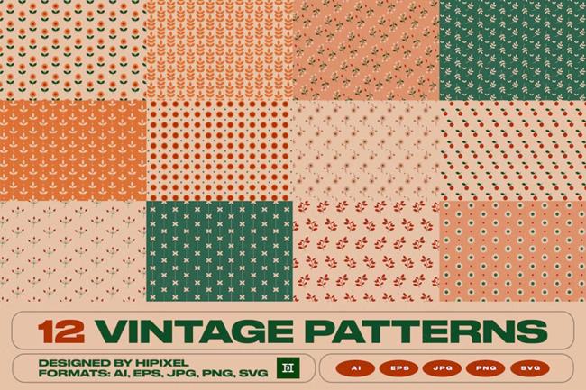 12张复古淡雅的碎花无缝拼接图案素材 Vintage Pat