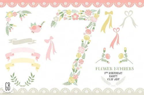 花卉矢量图形插画 Floral number , seven , 7th , clip art