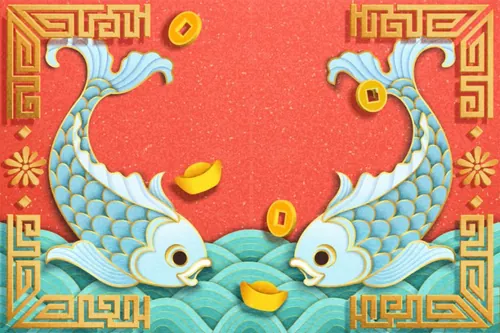 新年快乐余金鱼和波浪潮剪纸艺术中国风元素新年传统横幅海报矢量素材