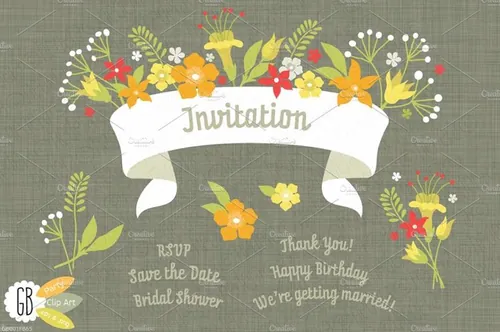 花卉素材插画 Folk flowers invitation white ribbon