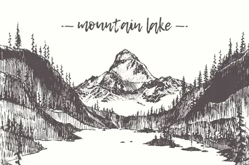 湖水素描插画 Illustration of a mountain lake