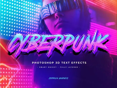 80年代复古赛博朋克设计风格标题立体字体特效样式PSD模板 Cyberpunk 80s Text Effects