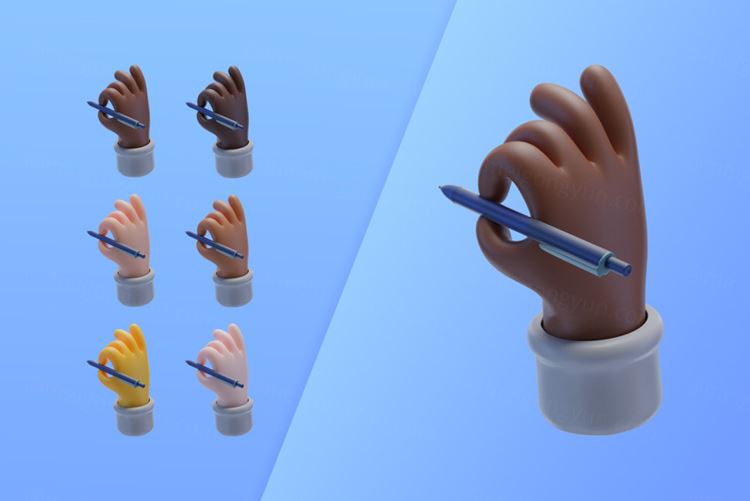潮流不同肤色卡通3D持笔写字手势插图素材 3d collec