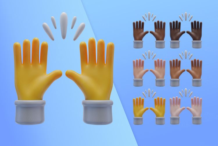 潮流不同肤色卡通3D举手支持手势插图素材 3d collec