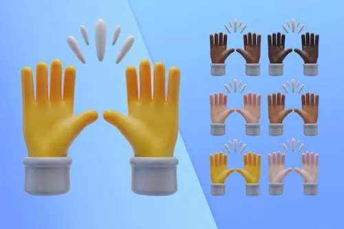 潮流不同肤色卡通3D举手支持手势插图素材 3d collec