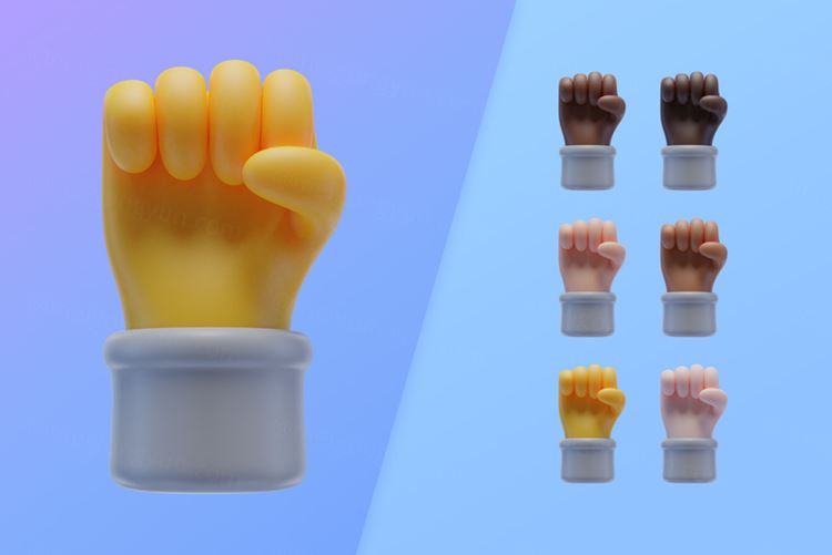潮流不同肤色卡通3D拳头鼓励手势插图素材 3d collec