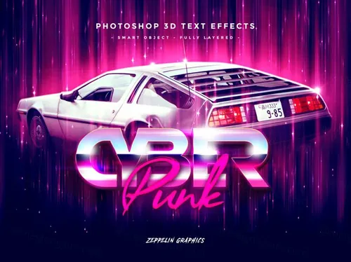 80年代复古赛博朋克设计风格标题立体字体特效样式PSD模板 Cyberpunk 80s Text Effects