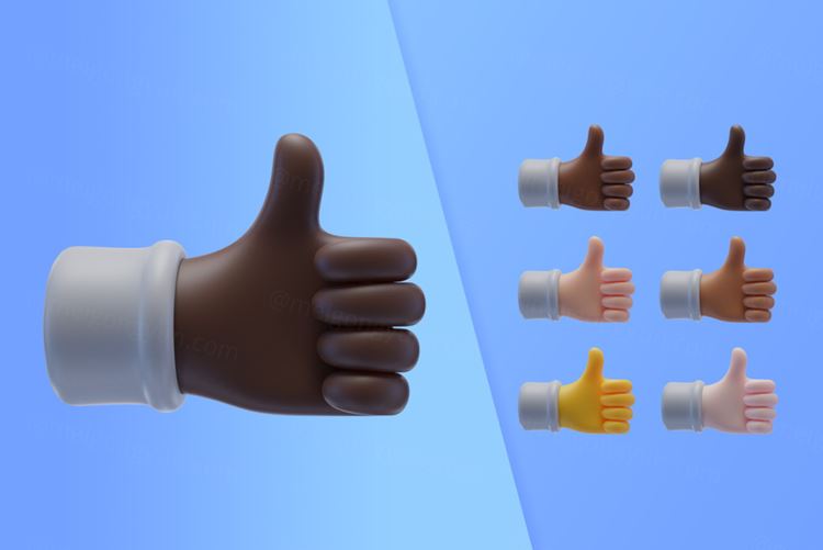 潮流不同肤色卡通3D竖起大拇指手势插图素材 3d colle