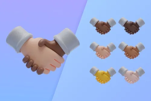 潮流不同肤色卡通3D握手合作手势插图素材 3d collec
