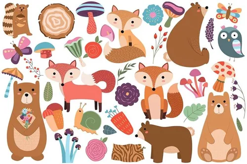 卡通森林插画素材 Woodland Animals Floral Vector  PNG