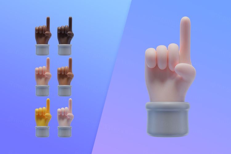 潮流不同肤色一根手指卡通3D手势插图素材 3d collec