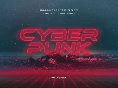 80年代复古赛博朋克设计风格标题立体字体特效样式PSD模板 Cyberpunk 80s Text Effects