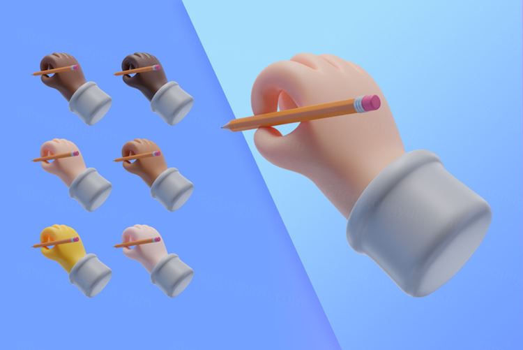 潮流不同肤色手持铅笔写字3D手势插图素材 3d collec