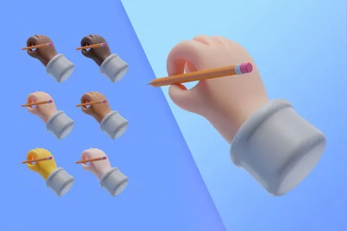 潮流不同肤色手持铅笔写字3D手势插图素材 3d collec