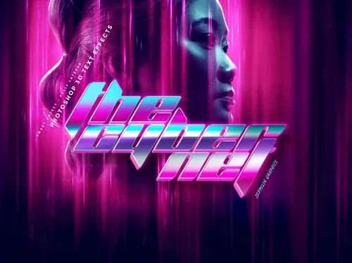 80年代复古赛博朋克设计风格标题立体字体特效样式PSD模板 Cyberpunk 80s Text Effects