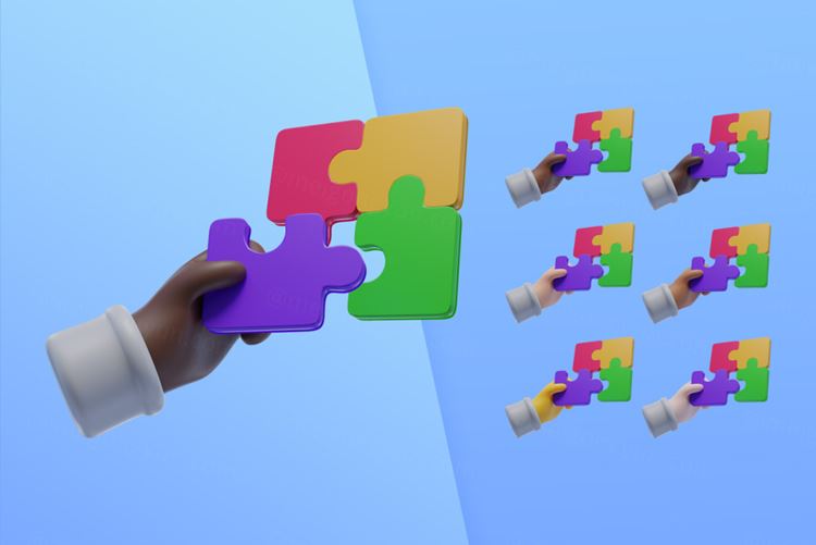 潮流不同肤色手持拼图3D手势插图素材 3d collecti